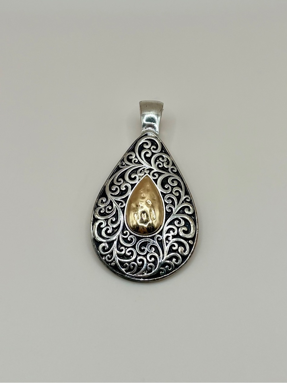 Silver-Tone Scroll-Work Teardrop Pendant with Gold Accent